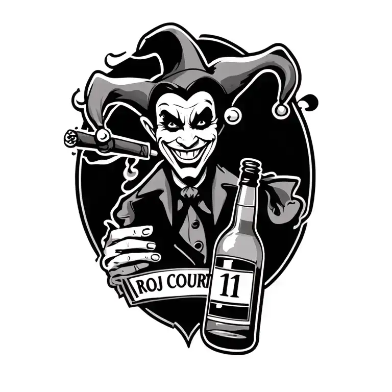 "ROJ COURT 111" evil smiling jester with a bottle of booze and smoking a cigar  tattoo design idea