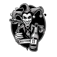 "ROJ COURT 111" evil smiling jester with a bottle of booze and smoking a cigar  tattoo design idea