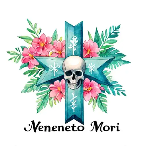 "Memento Mori " "Memento Mori " EMS star of life with Hawaiian flowers, skulls, and leaves surrounding  tattoo design idea