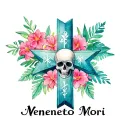 "Memento Mori " "Memento Mori " EMS star of life with Hawaiian flowers, skulls, and leaves surrounding  tattoo design idea
