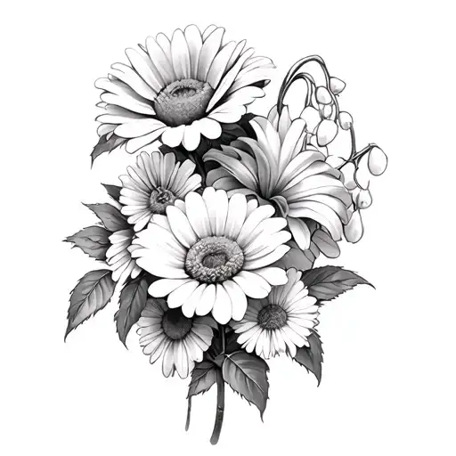 4 flowers (a daisy, a rose, an aster, and a lilly of the valley) tattoo design idea