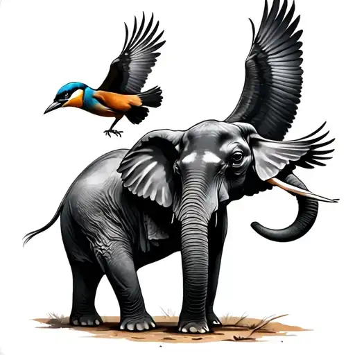 elephant with kookaburra flying next to it  tattoo design idea