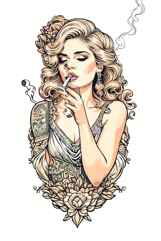 woman smoking a joint tattoo design idea