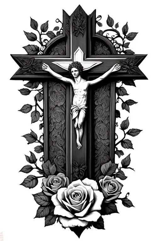 a cross surrounded with roses and the vine of the rose with 3 family dates tattoo design idea