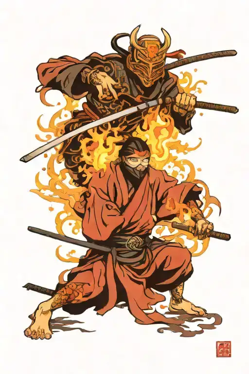 samurai ninja wielding a katana on fire with an uni mask tattoo design idea