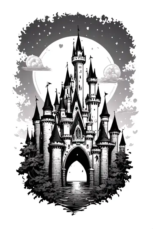 Disney castle surrounded tattoo design idea