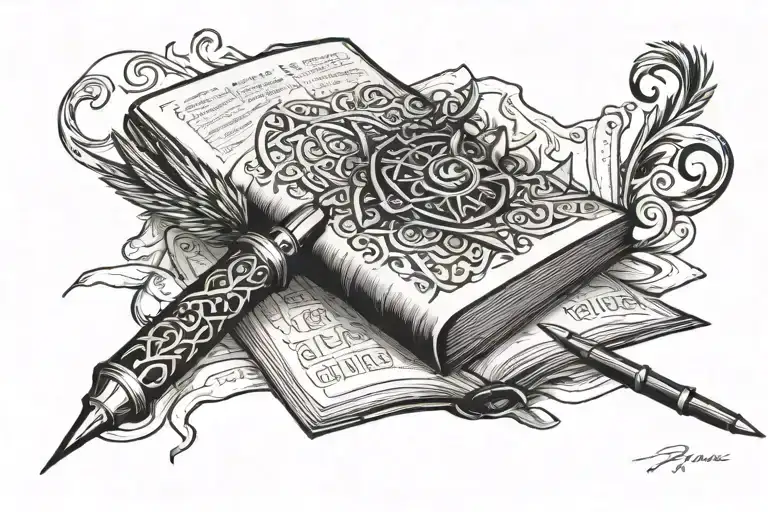 Book, Pen and Notes tribal tattoo design idea
