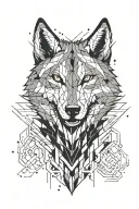 The head of a wolf with glowing eyes, steam coming out of its open mouth, taking geometric shapes with rounded corners.  tattoo design idea