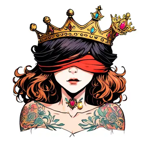 A blind queen with dark ginger hair wearing a blindfold covering her eyes and a crown tattoo design idea