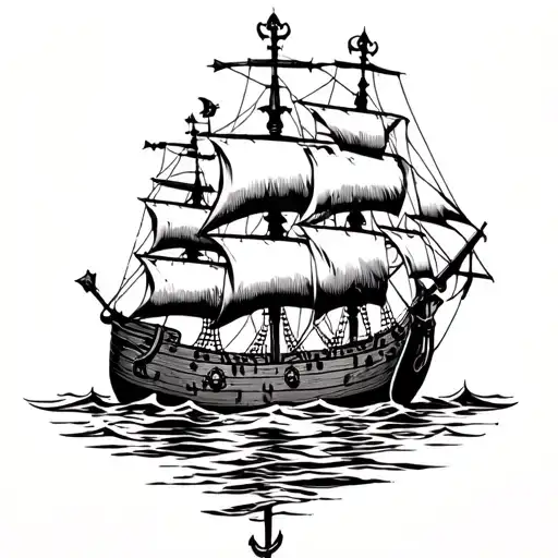galleon with skull background above anchor tattoo design idea