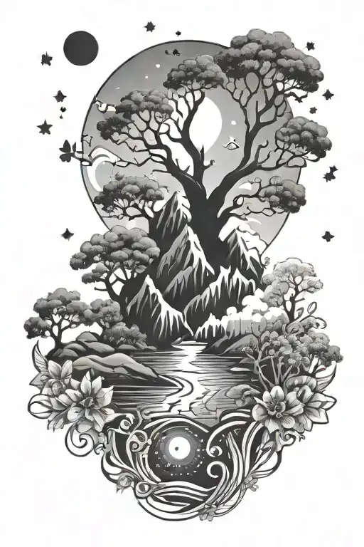 tribal river mountains trees planets and stars with animals and flowers tattoo design idea