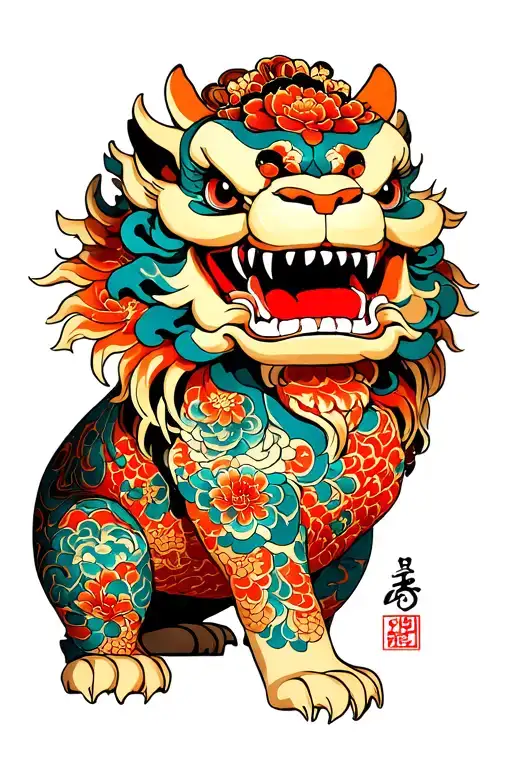 foo dog guarding tattoo design idea