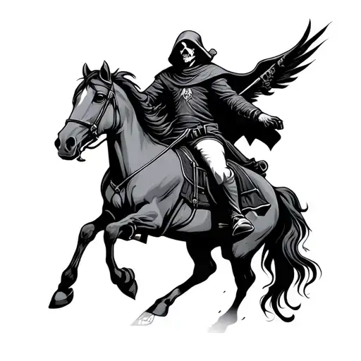 grim reaper smiling riding horse at full speed tattoo design idea