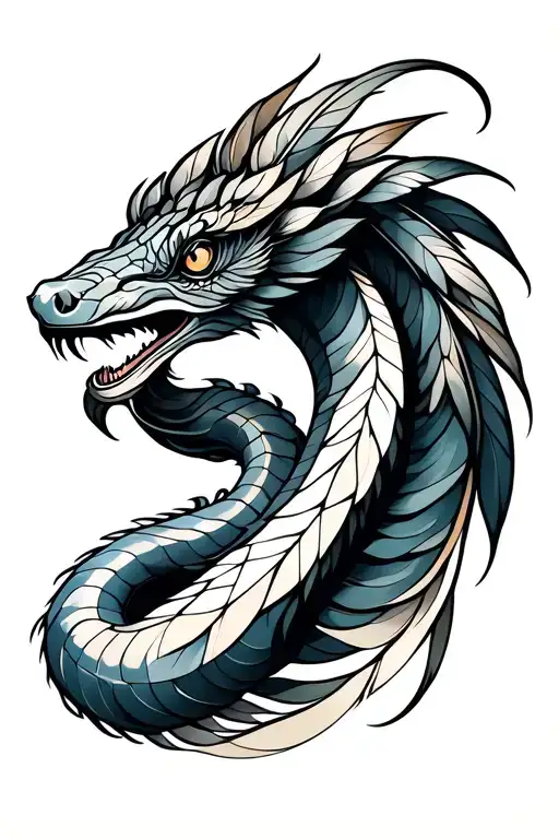 feathered serpent intertwined with geometric designs tattoo design idea