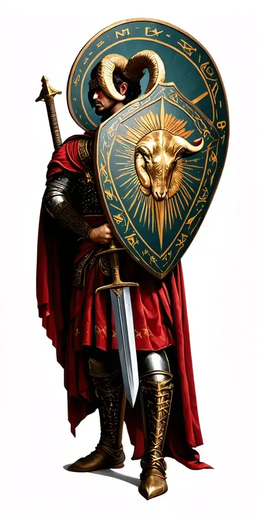 rome soldier holding sword and shield with aries zodiac sign tattoo design idea