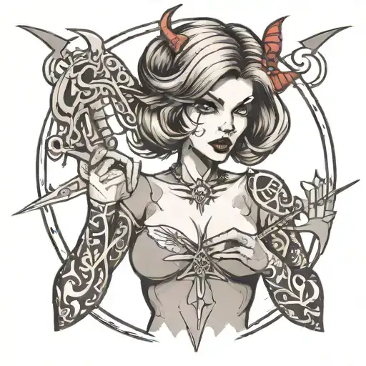 A she-devil with a bob haircut, holding a knife in her hands and licking it. She has size 3 breasts and a pentagram on her forehead. tattoo design idea