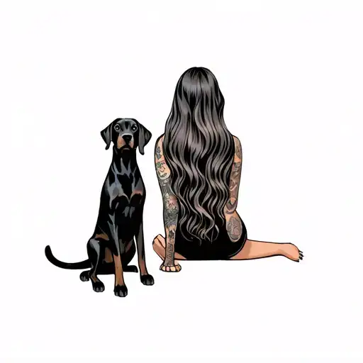 a longhaired girl with her vizsla dog and black cat. shown from behind. sitting. tattoo design idea