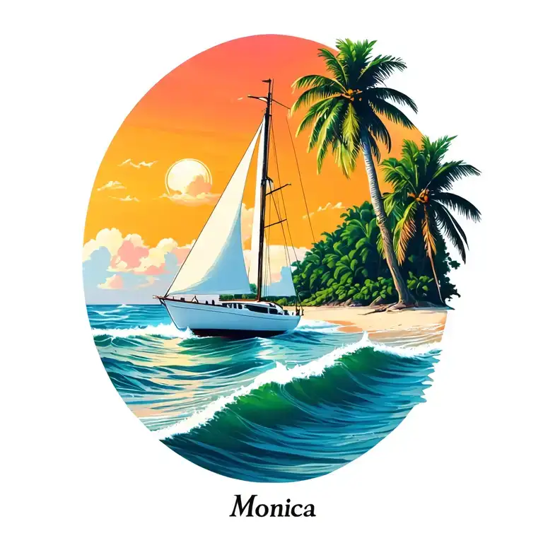 "Monica" "Monica" white sailboat sailing away towards sunrise sky, ocean, island with palm, beach tattoo design idea