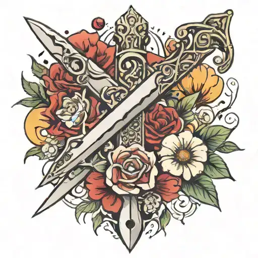 sword piercing fire and red flowers with Ansley and Opal on the blade tattoo design idea