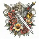 sword piercing fire and red flowers with Ansley and Opal on the blade tattoo design idea