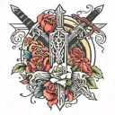 sword piercing fire and red flowers with Ansley and Opal on the blade tattoo design idea
