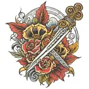 sword piercing fire and red flowers with Ansley and Opal on the blade tattoo design idea