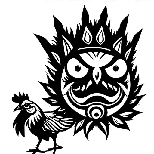 chicken with neutral emotion inside a big crown with pattern design feathers tattoo design idea
