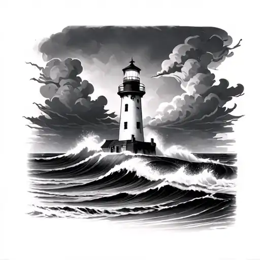 upper arm lighthouse with crashing waves. dark clouds. black and white. realism style. lighthouse light glowing. tattoo design idea