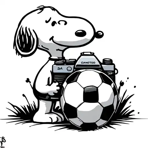 Snoopy holding a camera next to a soccer ball tattoo design idea