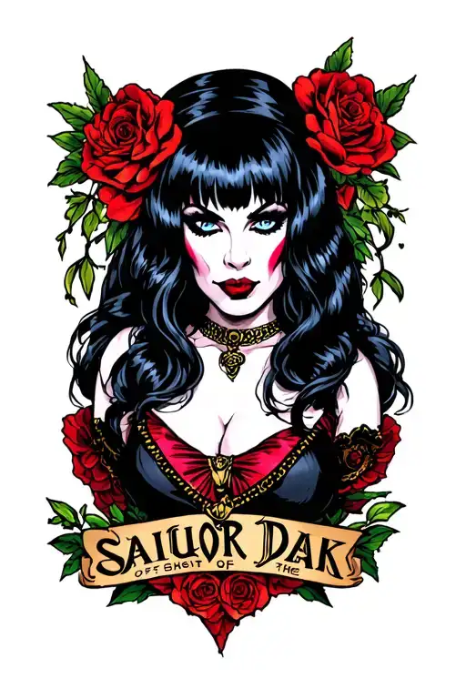 sailor jerry style elvira mistress of the dark tattoo design idea