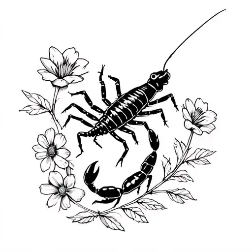 grasshopper and scorpion with flowers in the background tattoo design idea