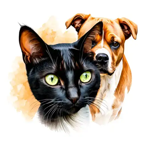 In the foreground is a black cat with green eyes, in the background is a medium-sized light red dog with floppy ears. tattoo design idea