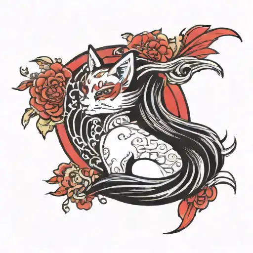 girl kitsune shoulder length half sideways face straight colors black white and red japanese style tattoo design idea