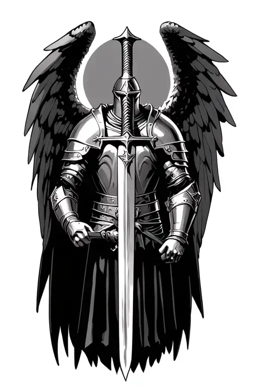 Archangel Michael, Knight templar, in armour, sword facing down tattoo design idea