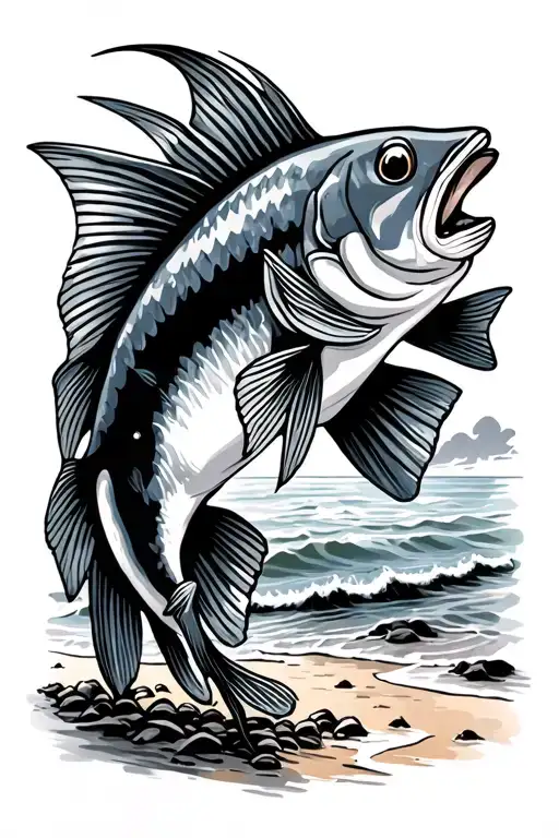fish standing on the beach scene tattoo design idea