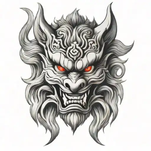 grey wolf oriental japanese demon mask tattoo design idea