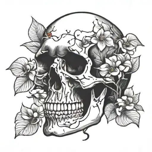 human skull with dogwood tree tattoo design idea