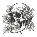 human skull with dogwood tree tattoo design idea