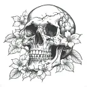 human skull with dogwood tree tattoo design idea