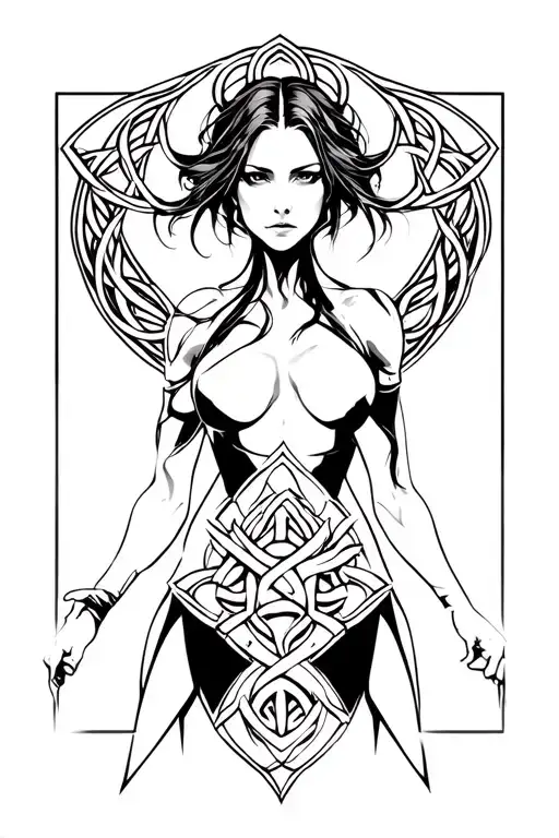cyber sigilism woman ready for battle. no background, keep black and white Celtic stymbolism tattoo design idea