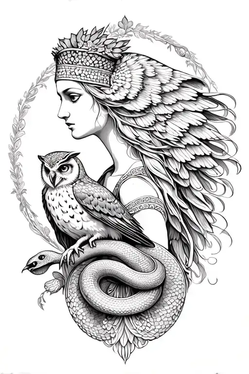 goddess athena with owl and snake tattoo design idea