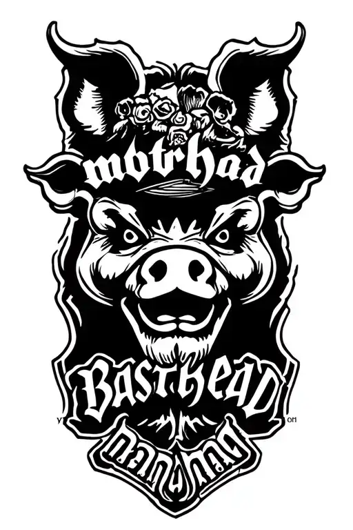 Motorhead Pigface logo with BASTARD written in Olde English font underneath in arch tattoo design idea