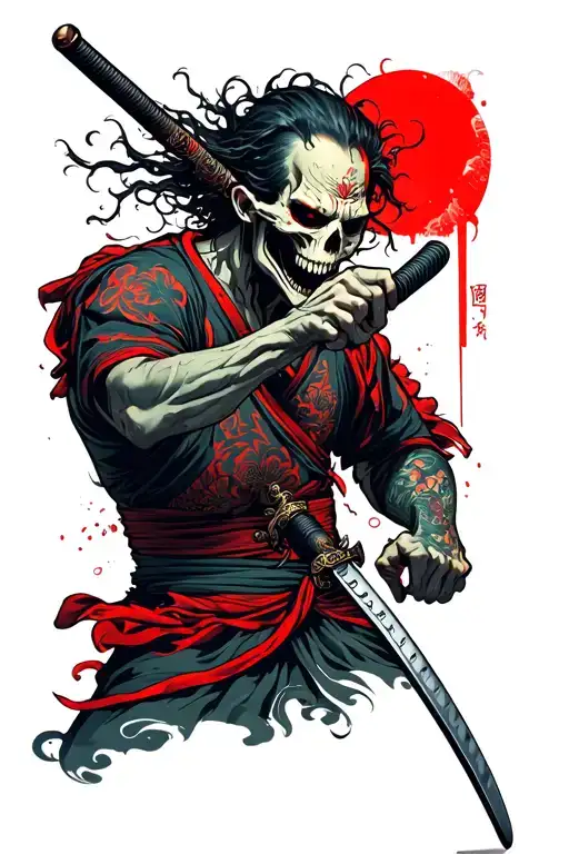 side view undead man doing aggresive/savage death stare ready to fight with its katana tattoo design idea