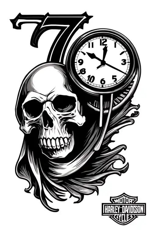 grim Reaper skull with 8ball Harley Davidson 7 clock Jim beam logo tattoo design idea