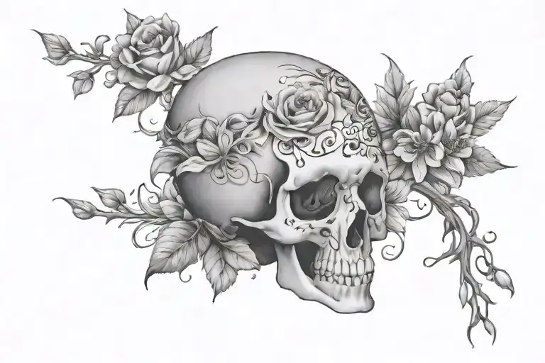 April in cursive with small female skull candy and assorted flowering including Orchards tattoo design idea