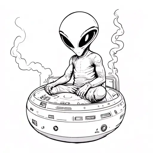 alien in spaceship smoking weed tattoo design idea
