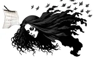 female grim reaper with calendar pages flying away turning into leaves from a standing willow tree blowing with the wind tattoo design idea