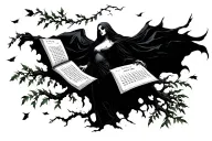 female grim reaper with calendar pages flying away turning into leaves from a standing willow tree blowing with the wind tattoo design idea