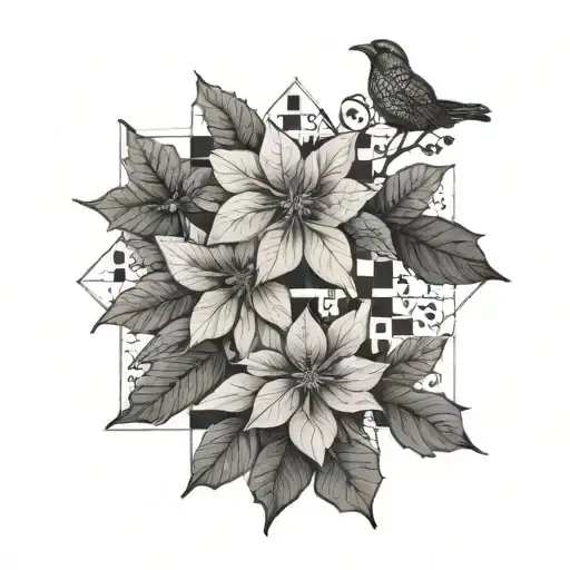 A crossword puzzle with poinsettia leaves as the black squares and birds as the clues tattoo design idea