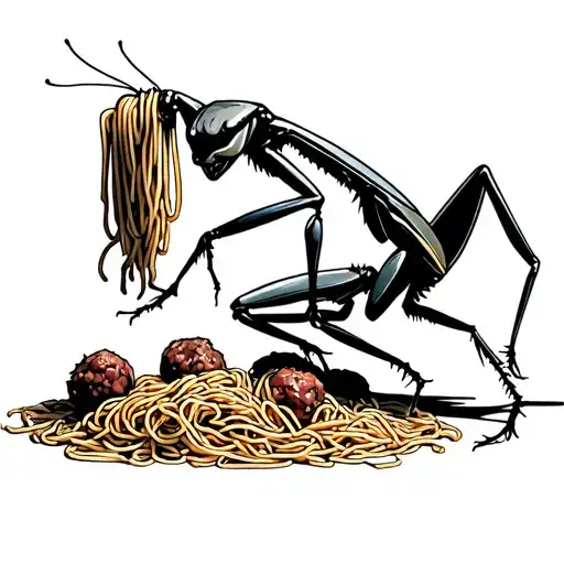 Aborignal Praying mantis eating spaghetti and meatballs tattoo design idea